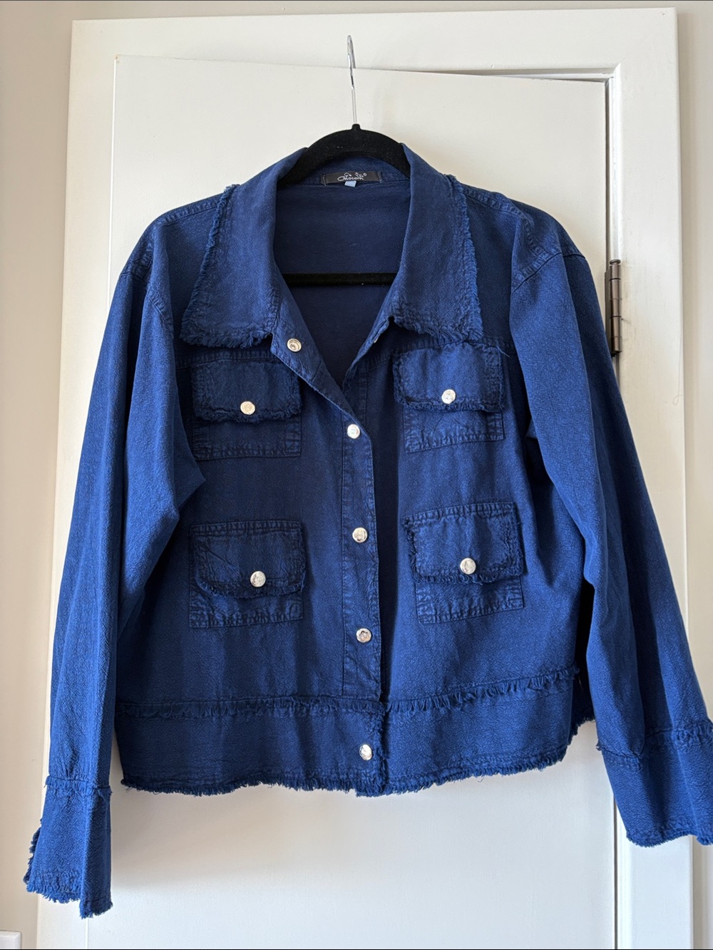 Frayed Hem Indigo Jean Jacket with Patch Pockets